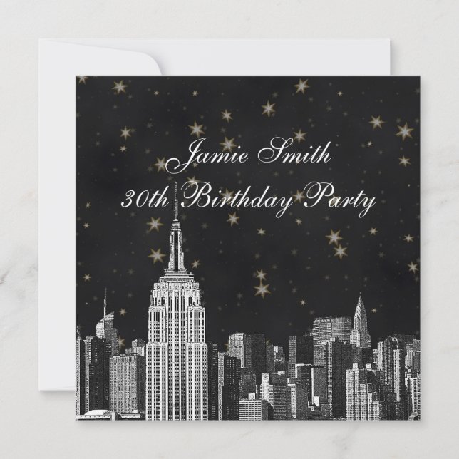 NYC ESB Skyline Etched Black Starry Birthday Pty Invitation (Front)