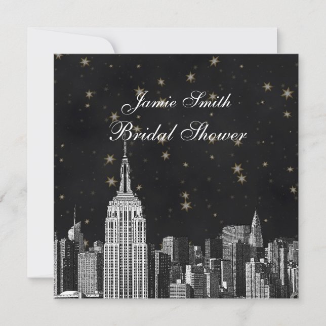 NYC ESB Skyline Etched Black Starry Bridal Showr Invitation (Front)