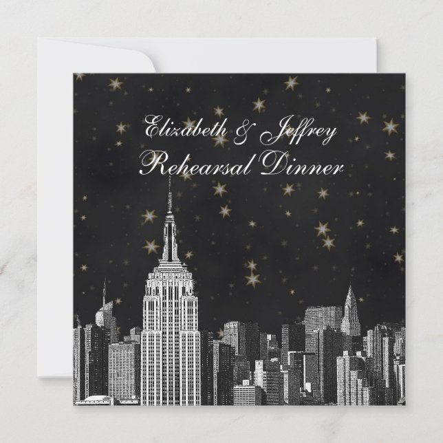 NYC ESB Skyline Etched Black Starry Rehearsal Din Invitation (Front)