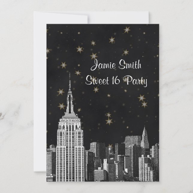 NYC ESB Skyline Etched Black Starry Sweet 16 V Invitation (Front)
