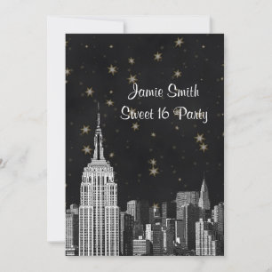 NYC ESB Skyline Etched Black Starry Sweet 16 V Invitation