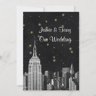 NYC ESB Skyline Etched Black Starry Wedding Invitation