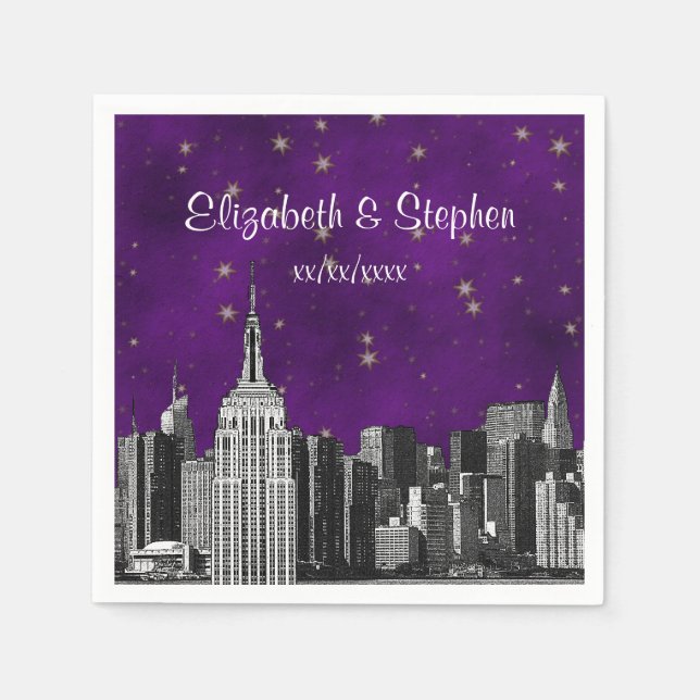 NYC ESB Skyline Etched Purple Starry Wedding Napkin (Front)
