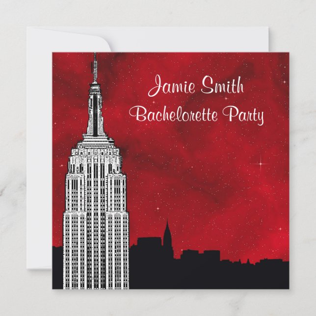 NYC ESB Skyline Silhouette Red Starry Bachelorette Invitation (Front)