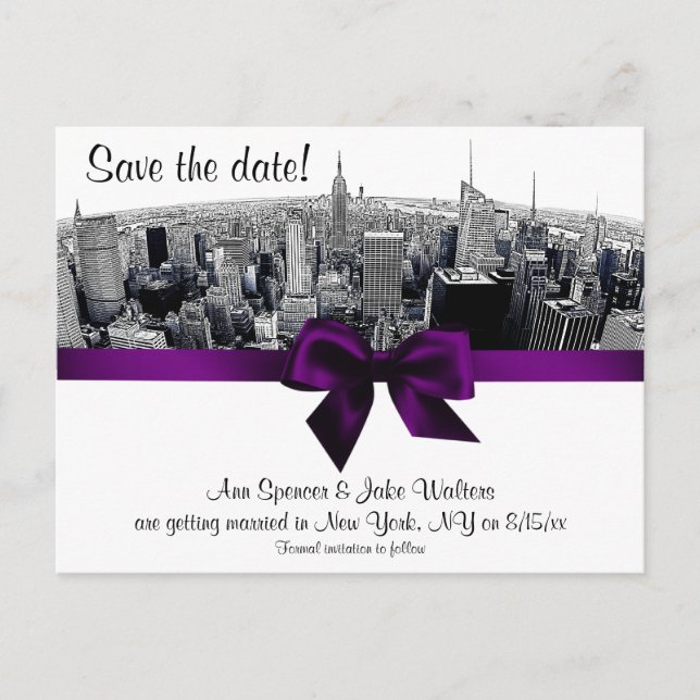 NYC Etched Fisheye Skyline BW Purple Save the Date Announcement Postcard (Front)