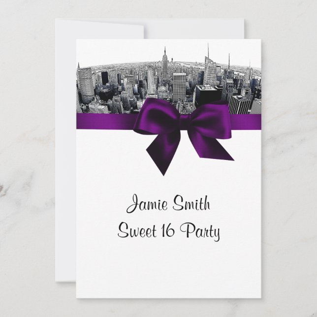 NYC Etched Fisheye Skyline BW Purple Sweet 16 Invitation (Front)