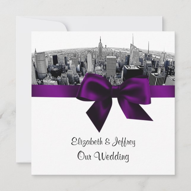 NYC Etched Fisheye Skyline BW Purple Wedding SQ Invitation (Front)