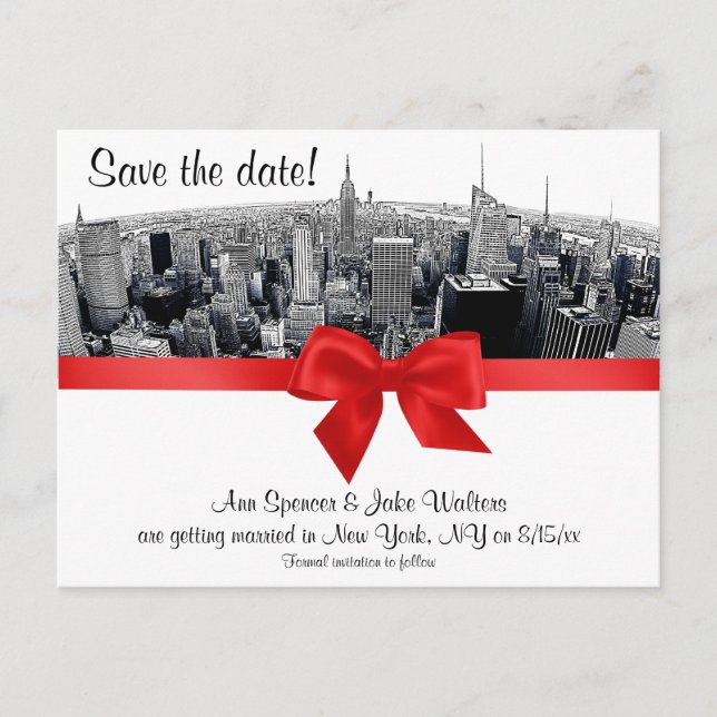 NYC Etched Fisheye Skyline BW Red Save the Date Announcement Postcard (Front)