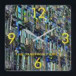 NYC Fire Escapes Pop Art Modern Round or Square Square Wall Clock<br><div class="desc">Unique, FUN personalized wall clock decorated with our original modern, abstract pop art photograph of Fire Escapes in New York City's Lower East Side of Manhattan. It's contemporary, multi-colour, vibrant pop art design captures the spirit of NYC today. New Yorkers will love it!!! Name and numbers are bright yellow. You...</div>