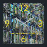 NYC Fire Escapes Pop Art Modern Round or Square Square Wall Clock<br><div class="desc">Unique, FUN personalized wall clock decorated with our original modern, abstract pop art photograph of Fire Escapes in New York City's Lower East Side of Manhattan. It's contemporary, multi-colour, vibrant pop art design captures the spirit of NYC today. New Yorkers will love it!!! Name and numbers are bright yellow. You...</div>