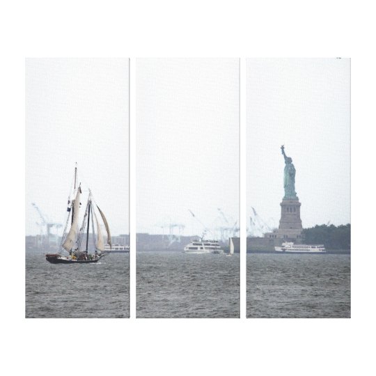 NYC Harbour and Lady Liberty in Fog Triptych Canvas Print