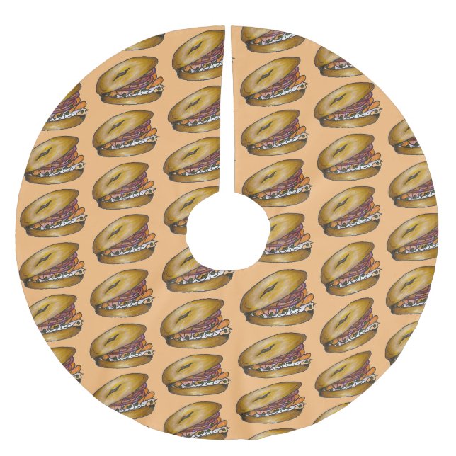 NYC Jewish Deli Bagel Capers Lox Cream Cheese Brushed Polyester Tree Skirt (Front)