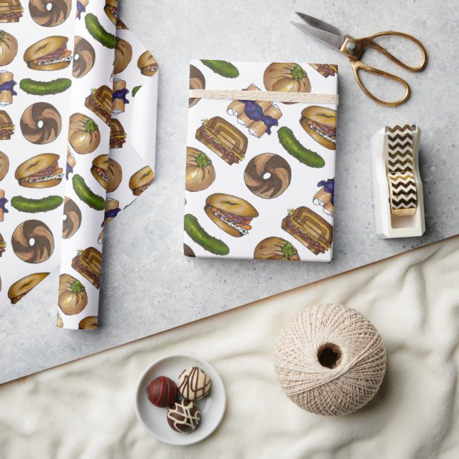 NYC Jewish Deli Food Knish Pickle Bagel Blintz Lox Wrapping Paper (Crafts)