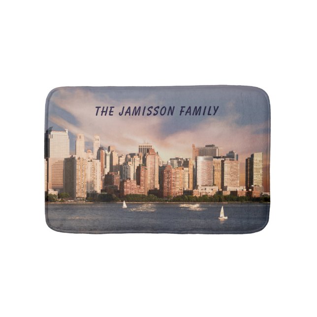 NYC Lower Manhattan Skyline with Personalized Name Bath Mat (Front)