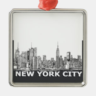 NYC monochrome skyline text Metal Ornament