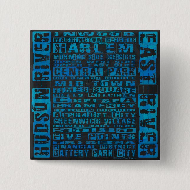 NYC Neighbourhoods Blue 2 Inch Square Button (Front)