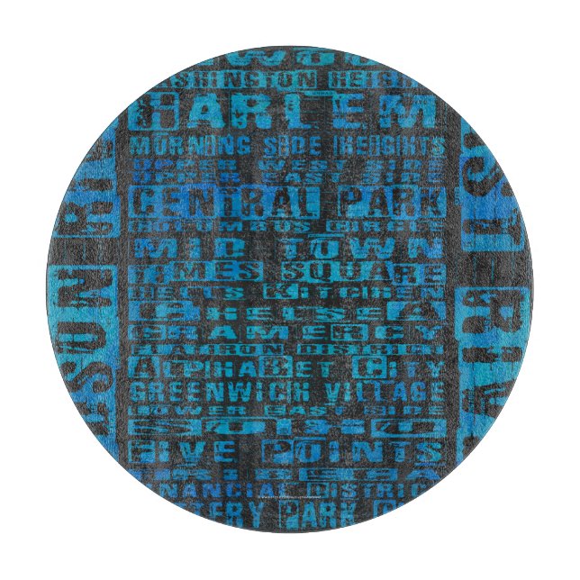 NYC Neighbourhoods Blue Glass Cutting Board (Front)