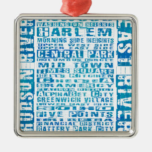 NYC Neighbourhoods Blue Metal Ornament
