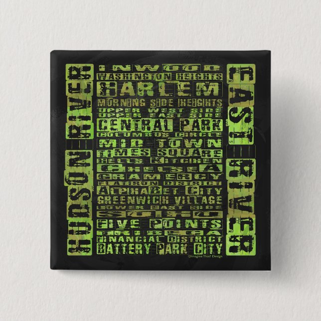 NYC Neighbourhoods Green 2 Inch Square Button (Front)
