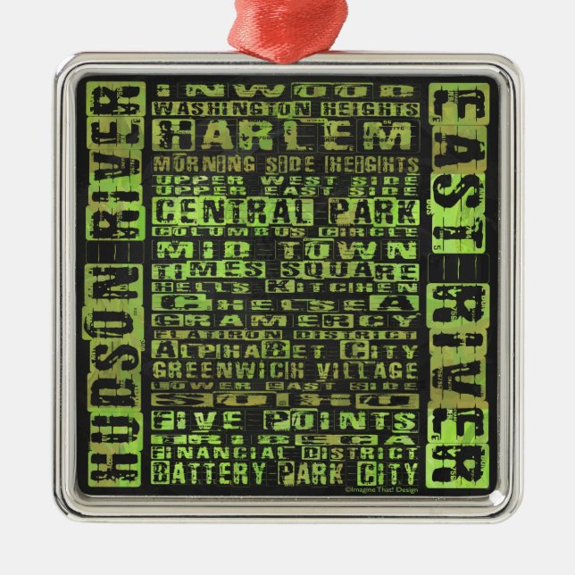 NYC Neighbourhoods Green Metal Ornament (Front)