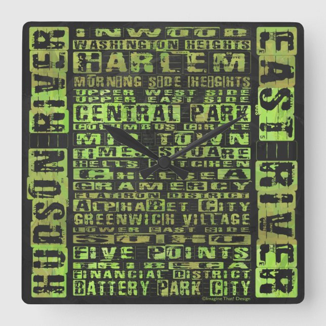 NYC Neighbourhoods Green Square Wall Clock (Front)