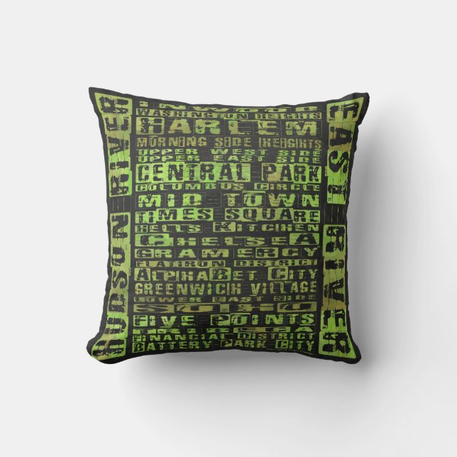 NYC Neighbourhoods Green Throw Pillow (Front)