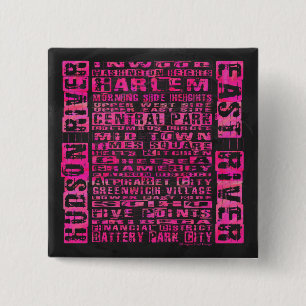 NYC Neighbourhoods Hot Pink 2 Inch Square Button