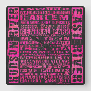 NYC Neighbourhoods Hot Pink Square Wall Clock