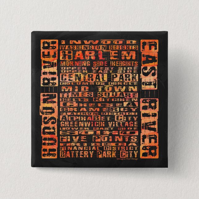 NYC Neighbourhoods Orange 2 Inch Square Button (Front)