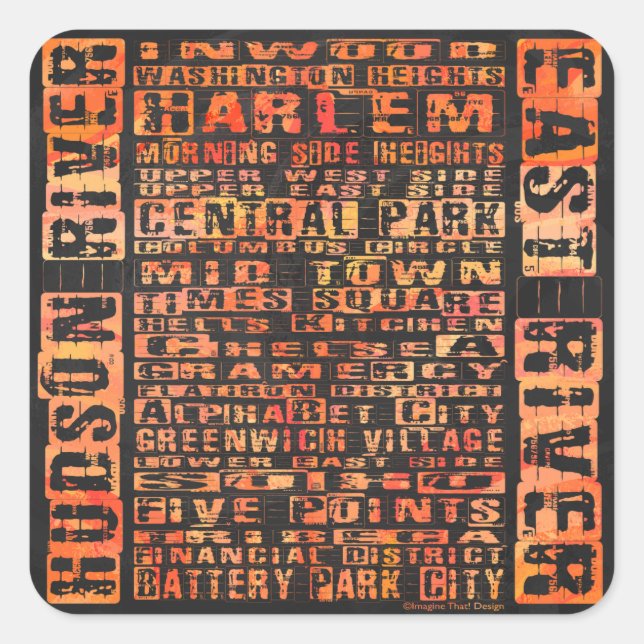 NYC Neighbourhoods Orange Square Sticker (Front)