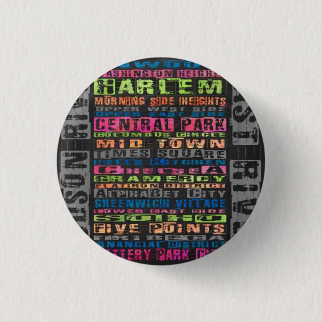 NYC Neighbourhoods Rainbow 1 Inch Round Button (Front)