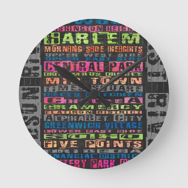 NYC Neighbourhoods Rainbow Round Clock (Front)