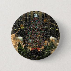 NYC Rockefeller Centre Xmas Tree Falling Snow 2 Inch Round Button