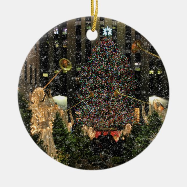 NYC Rockefeller Centre Xmas Tree Falling Snow Ceramic Ornament (Front)