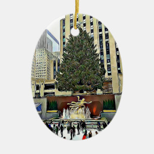 NYC Rockefeller Tree Skating Rink Christmas Ceramic Ornament