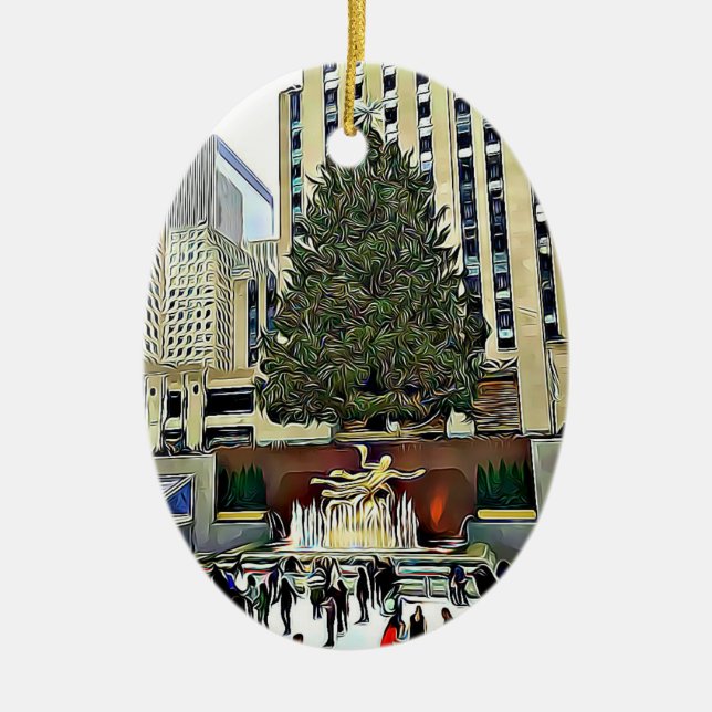 NYC Rockefeller Tree Skating Rink Christmas Ceramic Ornament (Front)