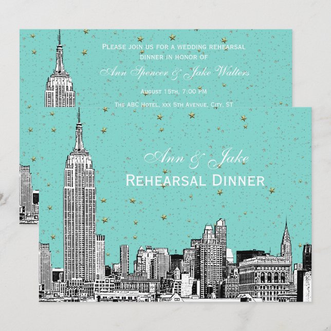 NYC Skyline 01 Etchd DIY BG Colour Rehearsal Dinne Invitation (Front/Back)