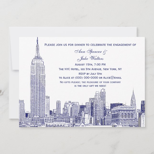 NYC Skyline 01 Etchd DIY BG Engagement Party Blue Invitation (Back)