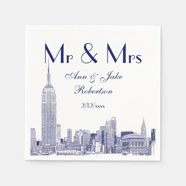 NYC Skyline 01 Etchd DIY BG Wedding Mr Mrs Blue Napkin (Front)