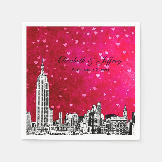 NYC Skyline 01 Etchd Hot Pink Red Hrt Napkin (Front)