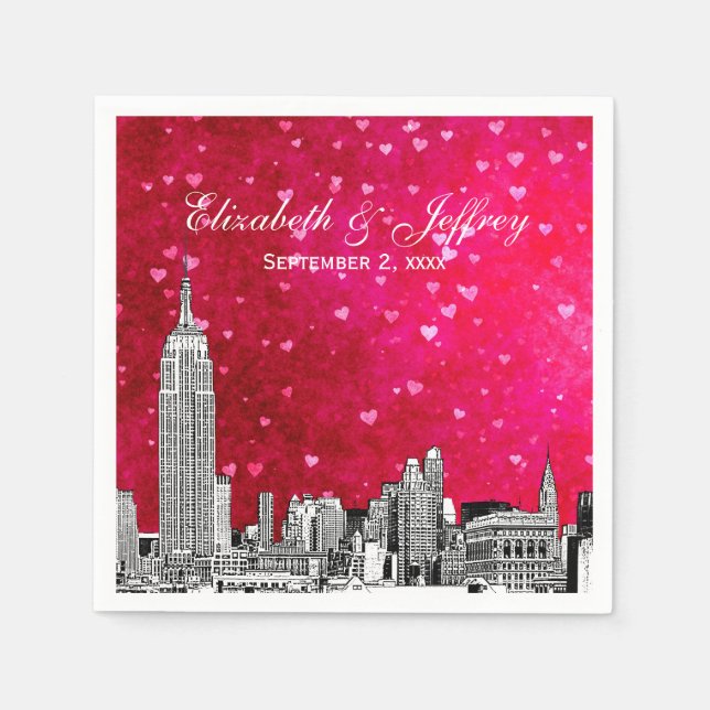 NYC Skyline 01 Etchd Hot Pink Red Hrt Napkin (Front)