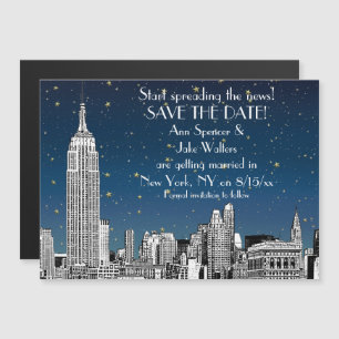 NYC Skyline 01 Etched Blue Starry Save the Date Magnetic Invitation