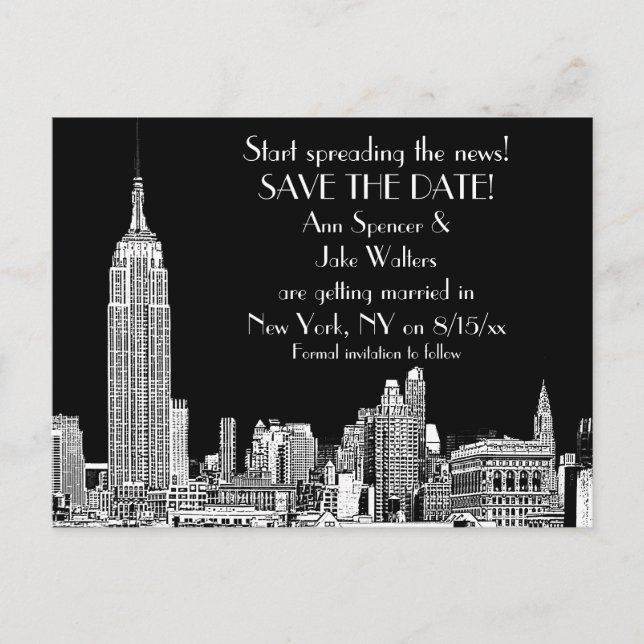 NYC Skyline 01 Etched DIY BG Colour Save the Date Announcement Postcard (Front)