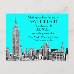 NYC Skyline 01 Etched DIY BG Colour Save the Date Announcement Postcard