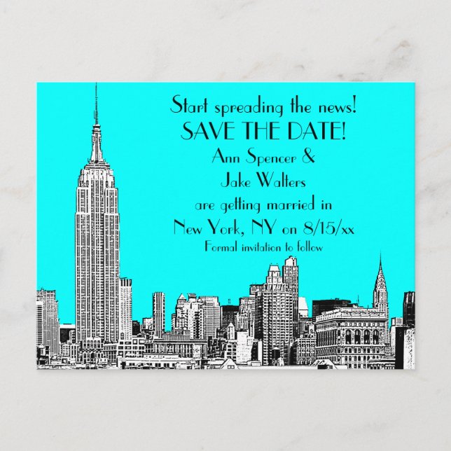 NYC Skyline 01 Etched DIY BG Colour Save the Date Announcement Postcard (Front)
