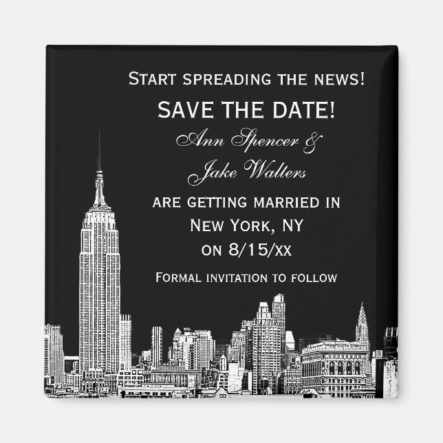NYC Skyline 01 Etched DIY BG Colour Save the Date Magnet (Front)