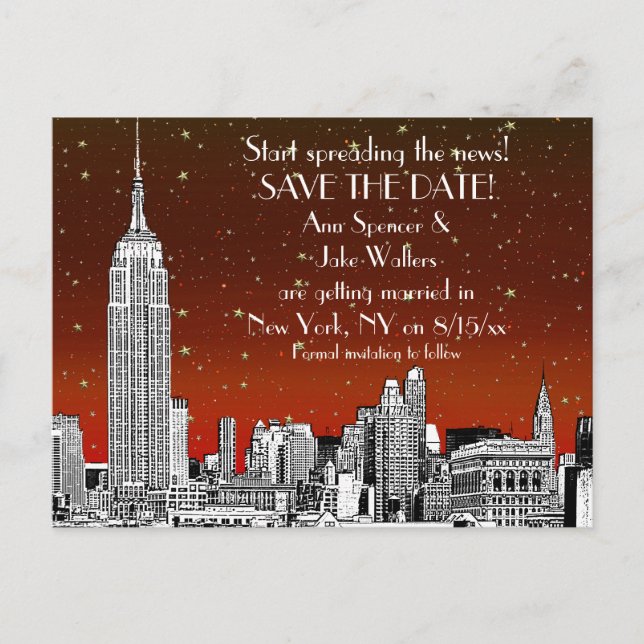 NYC Skyline 01 Etched Red Starry Save the Date Announcement Postcard (Front)