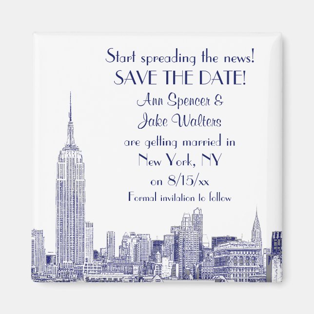 NYC Skyline 01 Etched Save the Date Blue Magnet (Front)
