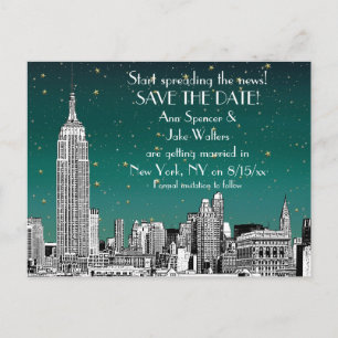NYC Skyline 01 Etched Teal Starry Save the Date Announcement Postcard