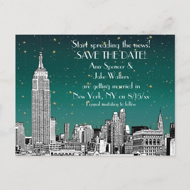 NYC Skyline 01 Etched Teal Starry Save the Date Announcement Postcard (Front)